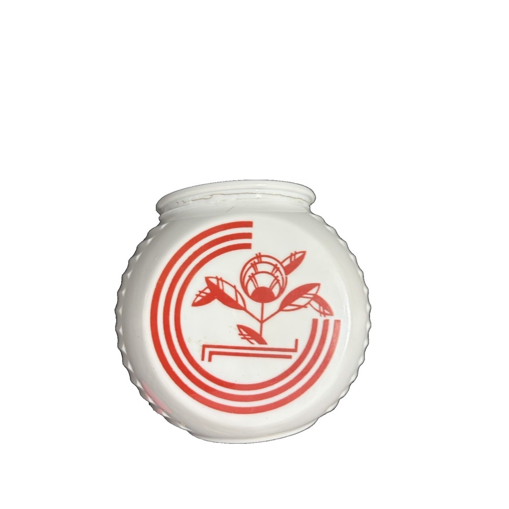 Anchor Hocking Fire King Grease Jar Red Tulip White Milk Glass MCM 1940s